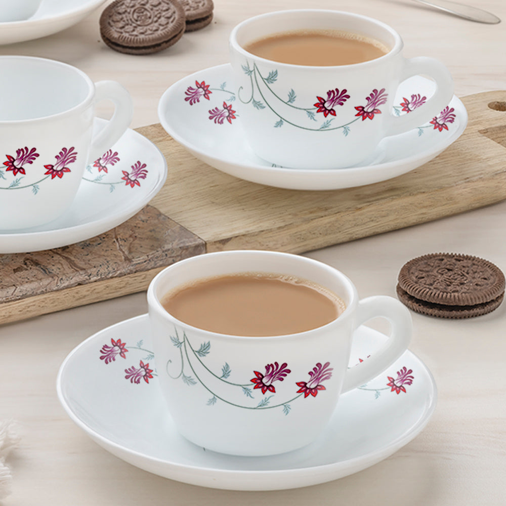Larah by Borosil Flower Pot Cup n Saucer Set, 140ml x 8
