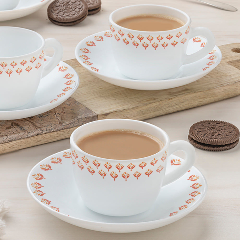 Larah by Borosil Gardenia Cup n Saucer Set, 140ml x 8