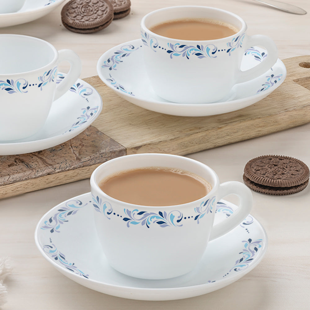 Larah by Borosil Skyleaf Cup n Saucer Set, 140ml x 8