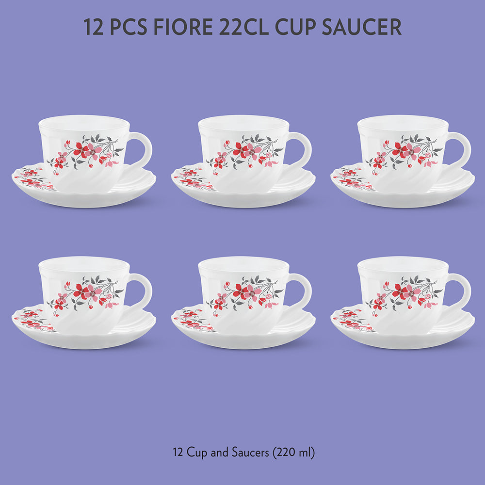 Larah by Borosil Fiore Cup n Saucer Set, 220ml x 12