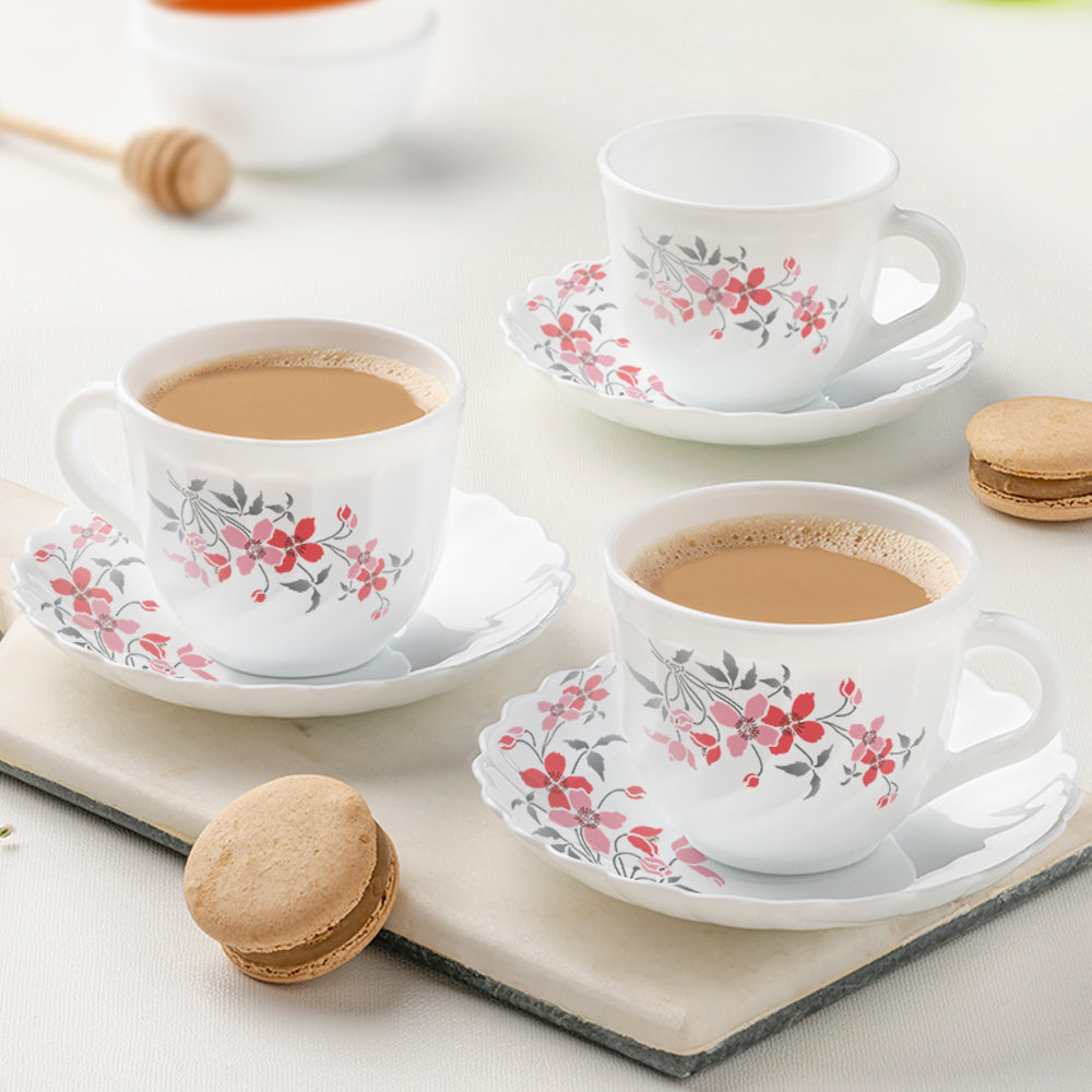 Larah by Borosil Fiore Cup n Saucer Set, 220ml x 12
