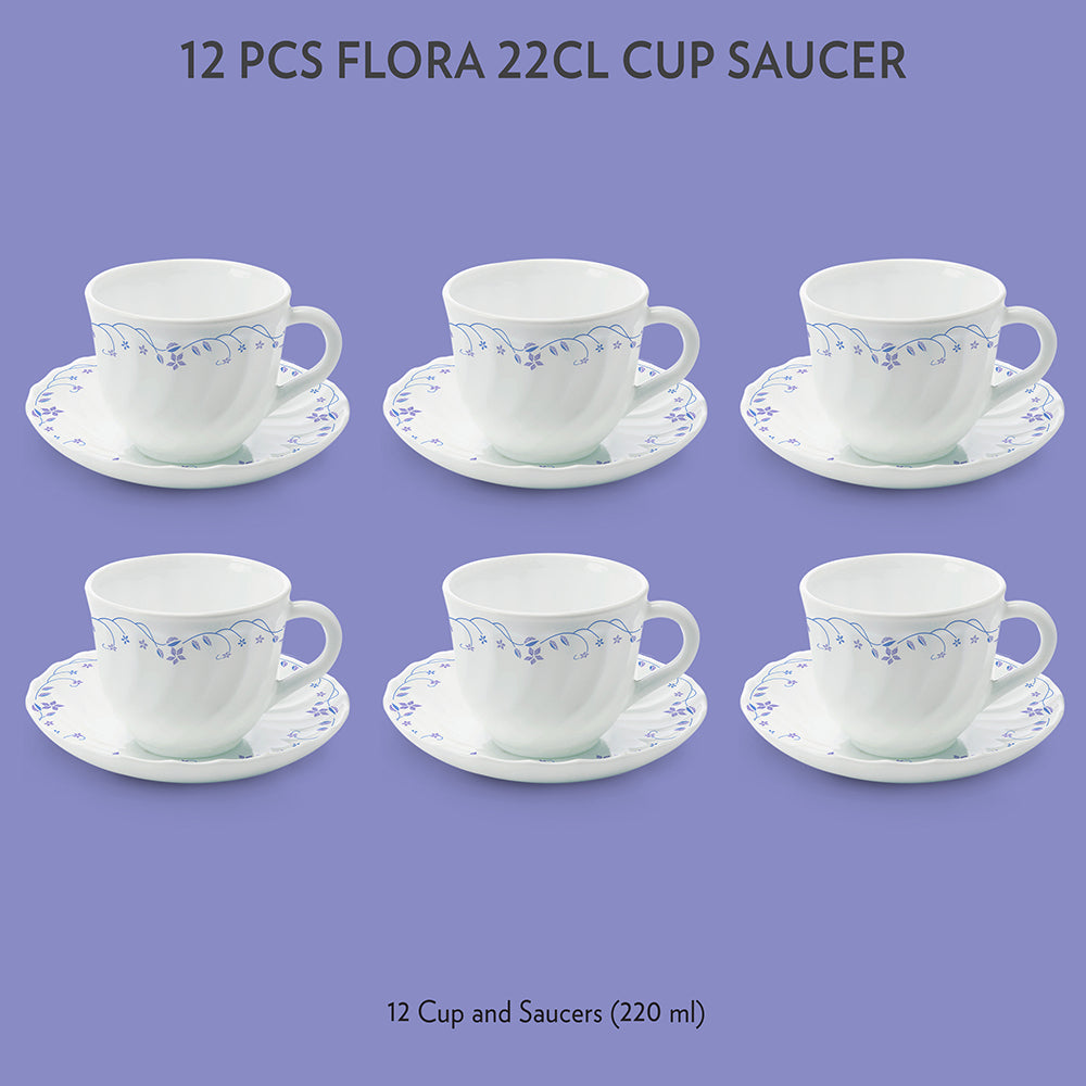Larah by Borosil Flora Cup n Saucer Set, 140ml x 12