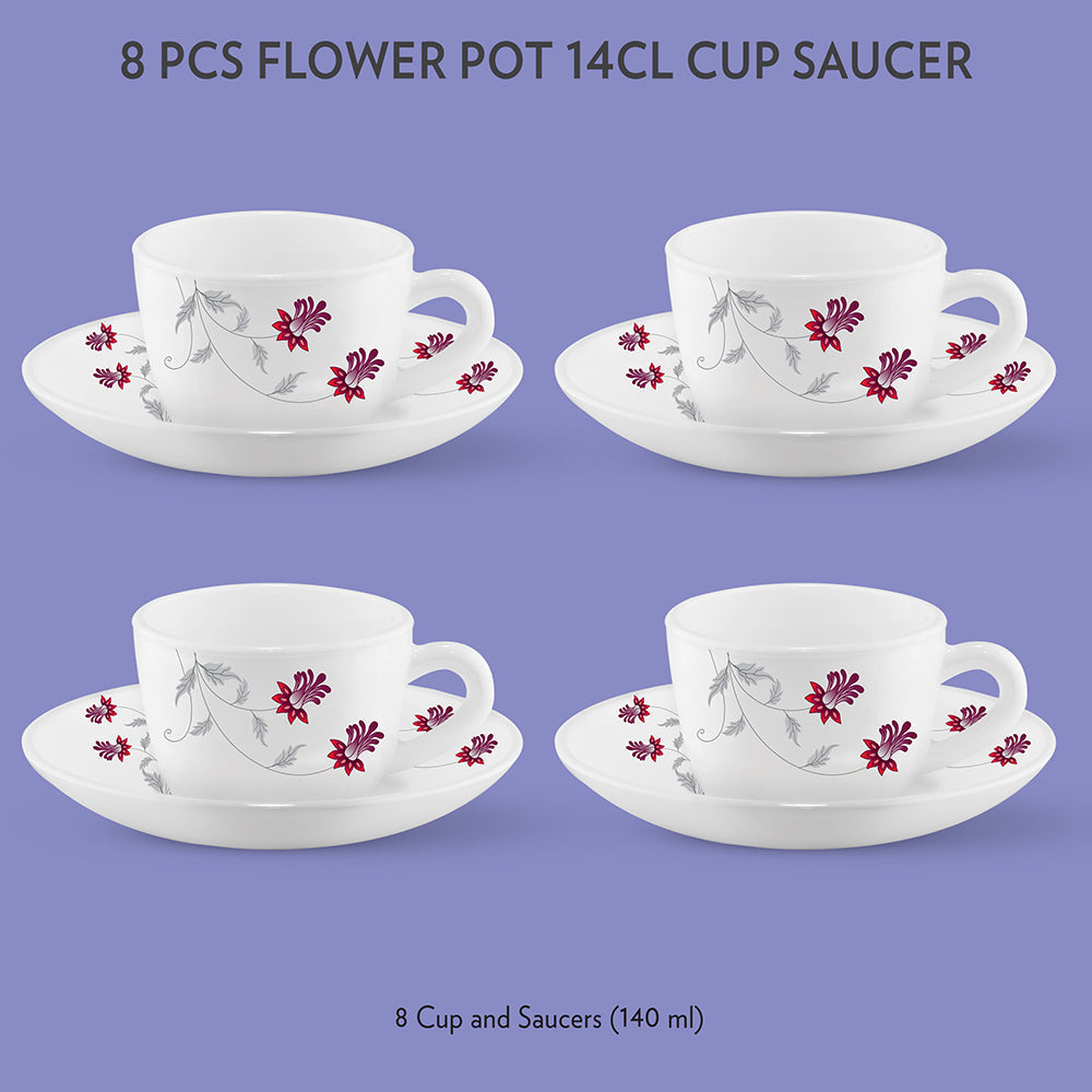 Larah by Borosil Flower Pot Cup n Saucer Set, 140ml x 8