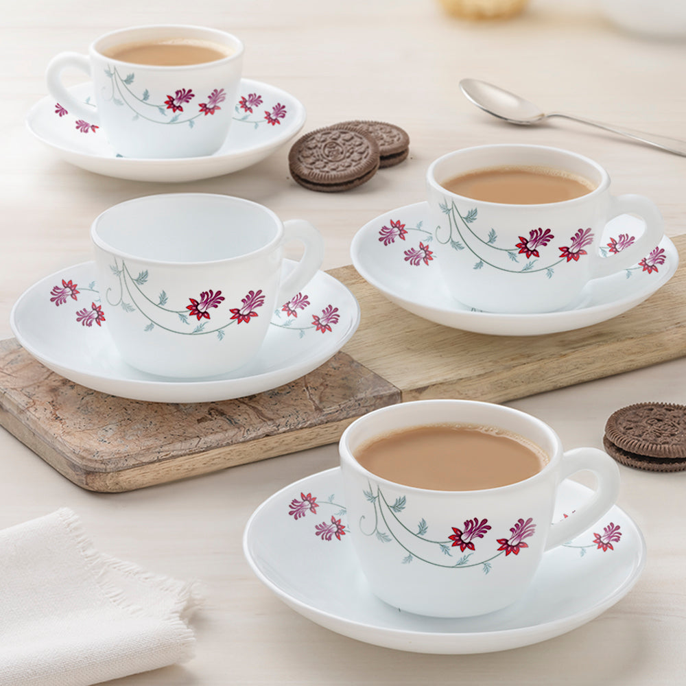 Larah by Borosil Flower Pot Cup n Saucer Set, 140ml x 8