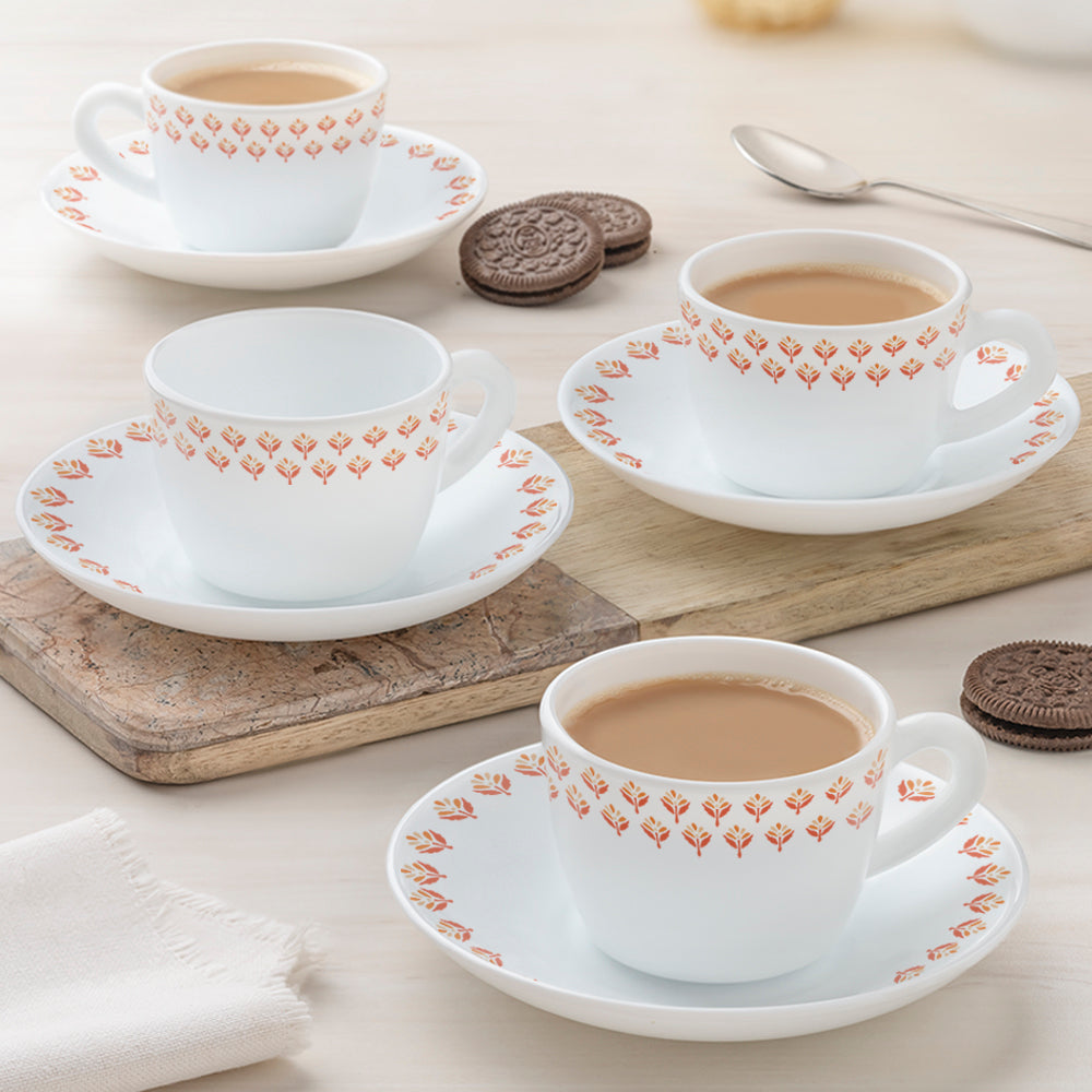 Larah by Borosil Gardenia Cup n Saucer Set, 140ml x 8