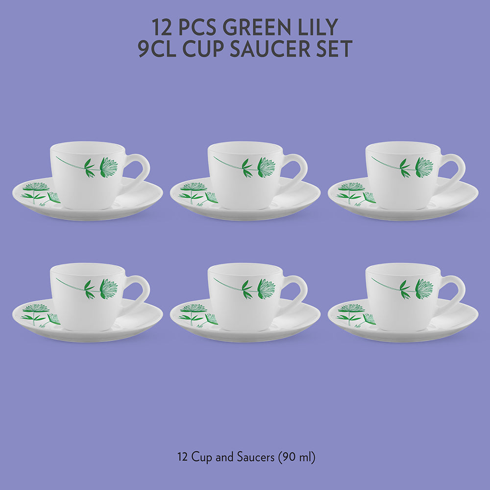 Larah by Borosil Green Lily Cup n Saucer Set, 90ml x 12