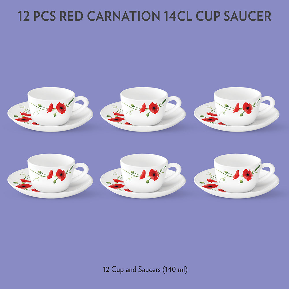 Larah by Borosil Red Carnation Cup n Saucer Set, 140ml x 12