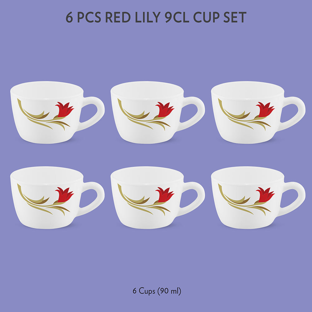 Larah by Borosil Red Lily Cup Set, 90ml x 6