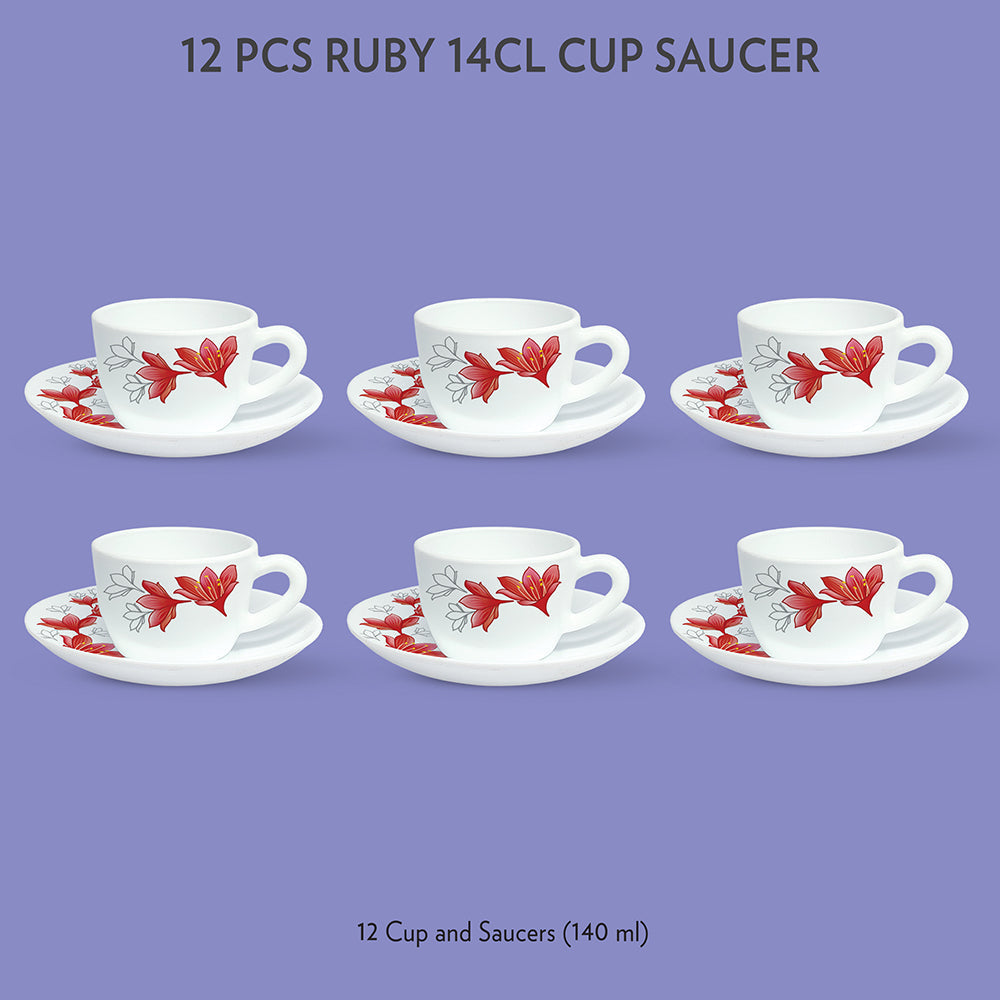 Larah by Borosil Ruby Cup n Saucer Set, 140ml x 12