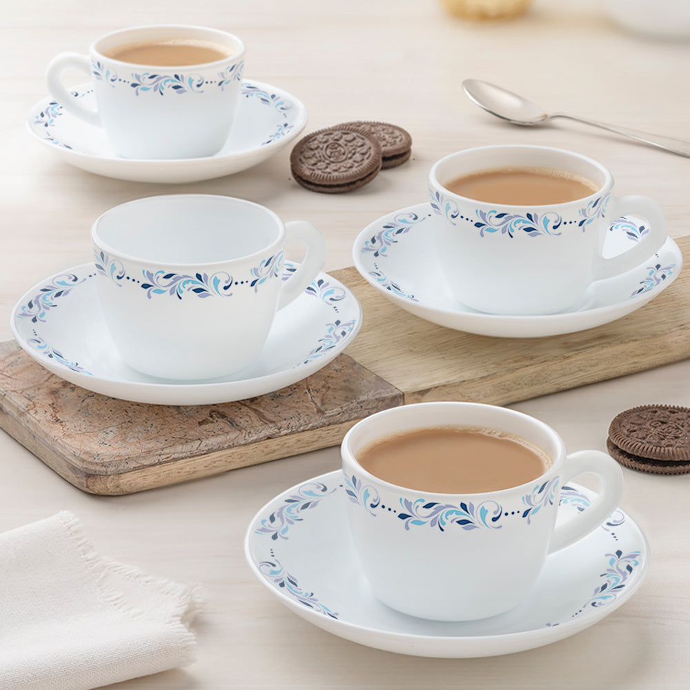 Larah by Borosil Skyleaf Cup n Saucer Set, 140ml x 8