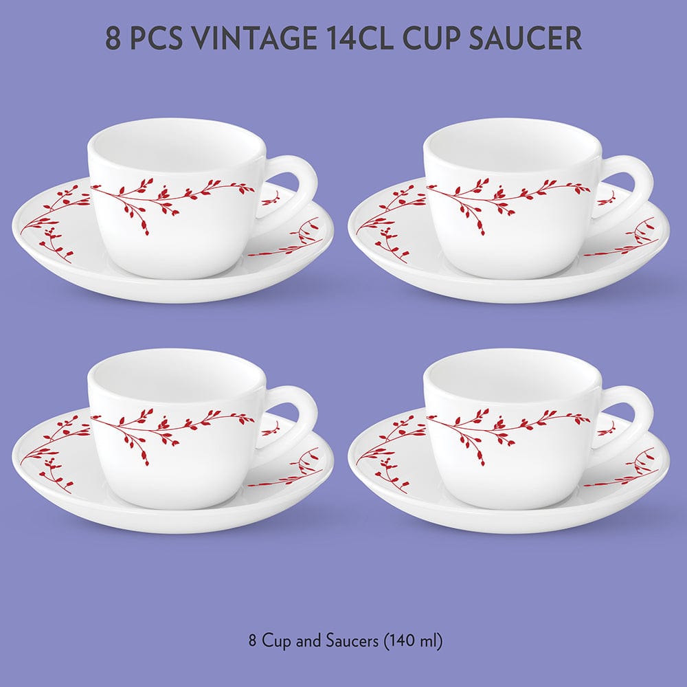 Larah by Borosil Vintage Cup n Saucer Set, 140ml x 8
