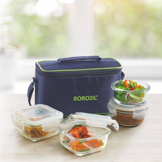 My Borosil Glass Lunchboxes 320 ml x 2 (+) 240 ml x 2 Blue Universal Glass Lunchbox