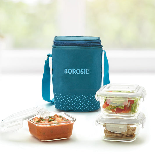 My Borosil Glass Lunchboxes 320 ml x 3 Teal Glass Lunchbox, Square x 3