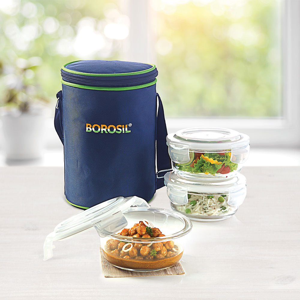 My Borosil Glass Lunchboxes 400 ml x 3 Prime Glass Lunch Box, Round x 3