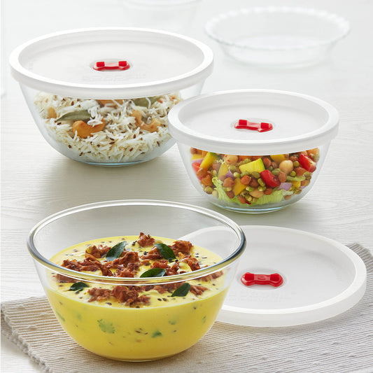 My Borosil Glass Mixing & Serving Bowls 500 ml + 900 ml + 1.3L Mixing Bowl w White Lid Set of 3