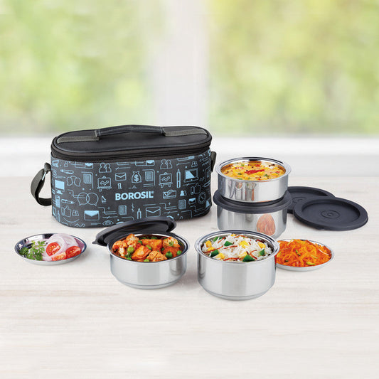 My Borosil Stainless Steel Lunchboxes (280 ml x 2) + (180 ml x 2) Carryfresh Lunchbox, Set of 4