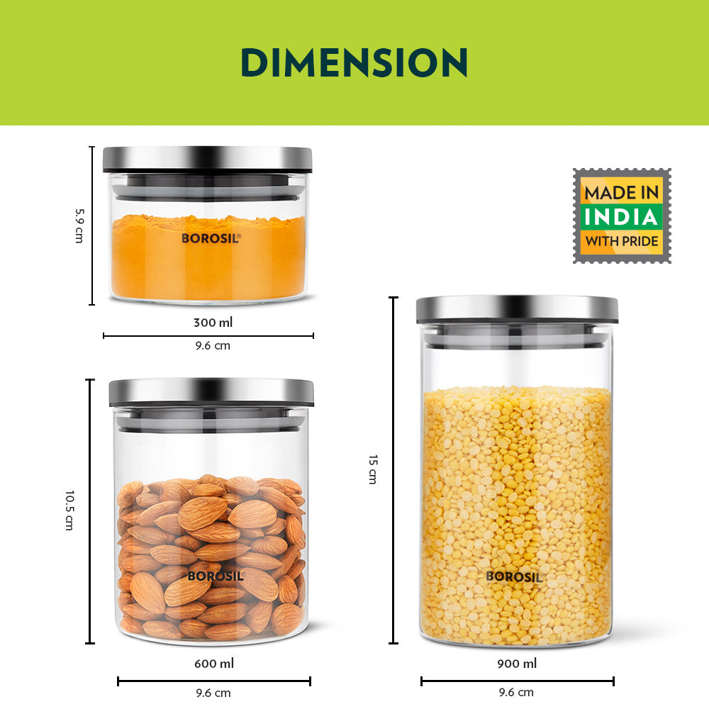 My Borosil Storage Jars 300 + 600 + 900 ml Classic Storage Jar Set of 3