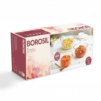 Borosil Tuff-Glass Square Mixing & Serving Bowl Set