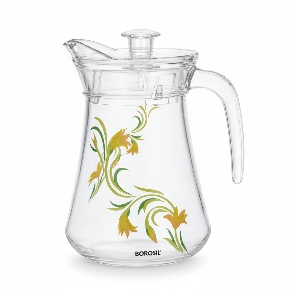 Amphora Glass Jug with Lid & Strainer, Yellow Lilly