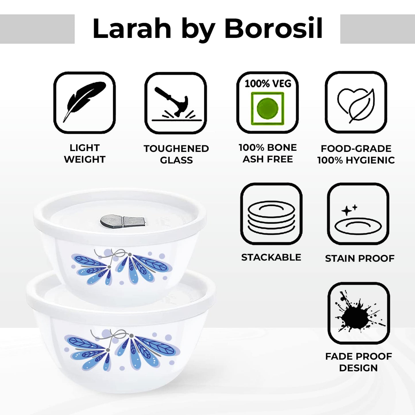 Larah by Borosil Twilight 4 pc Mixing Bowl, 750 ml x 2