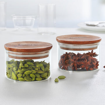 Borosil Classic Jar with Wooden Lid, Set of 2
