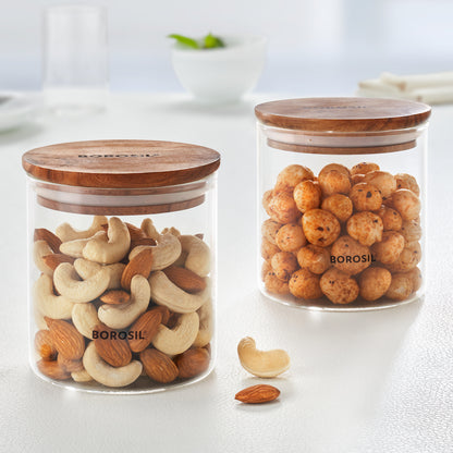 Borosil Classic Jar with Wooden Lid Set of 2, 600 Ml