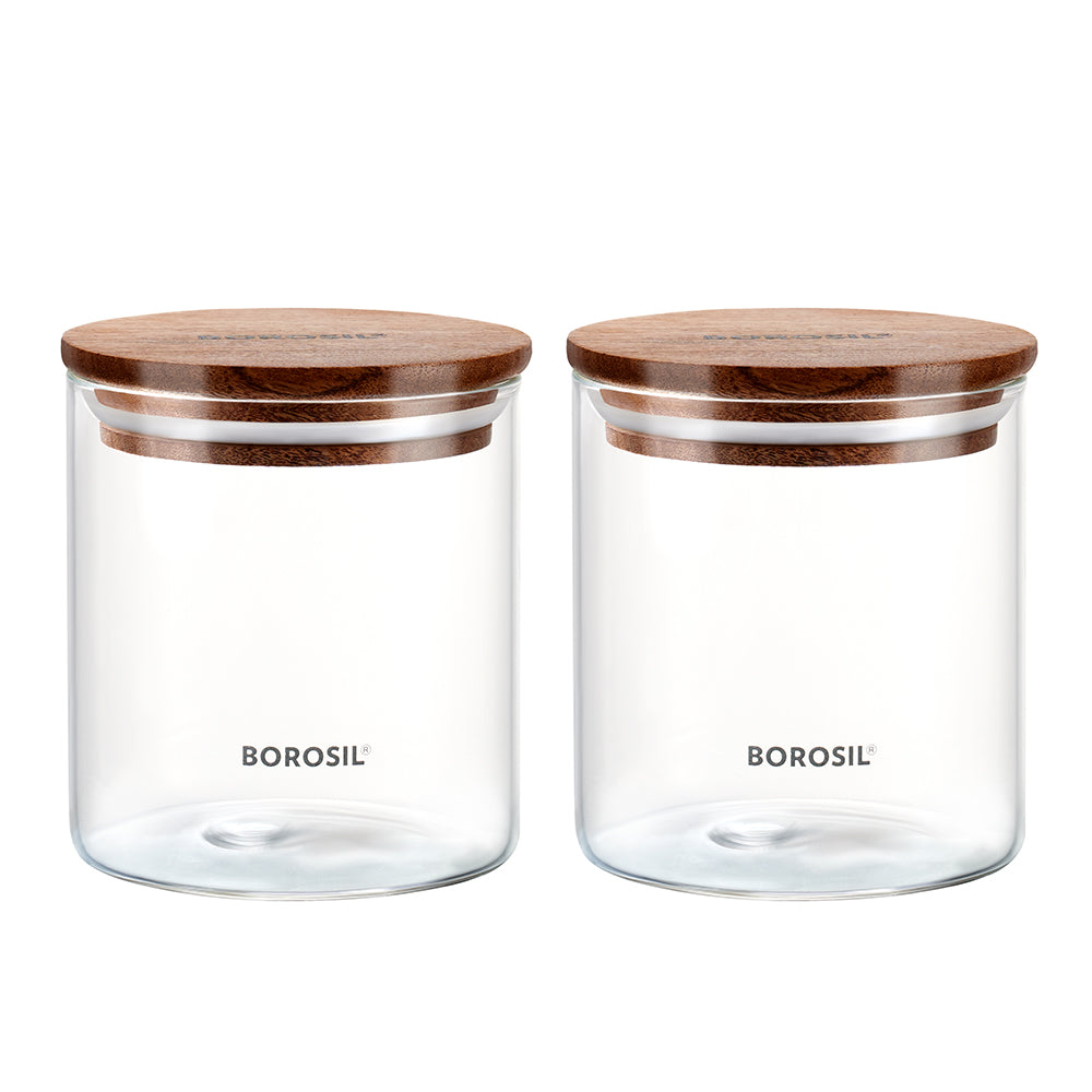 Borosil Classic Jar with Wooden Lid Set of 2, 600 Ml