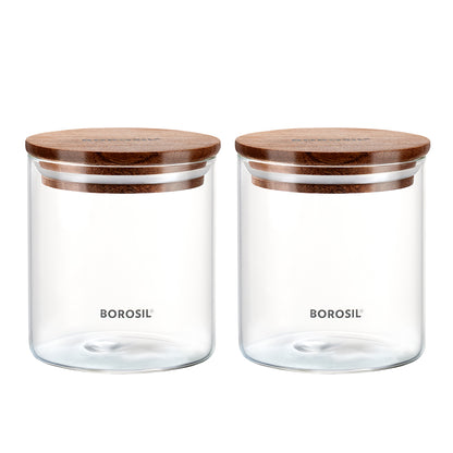Borosil Classic Jar with Wooden Lid Set of 2, 600 Ml