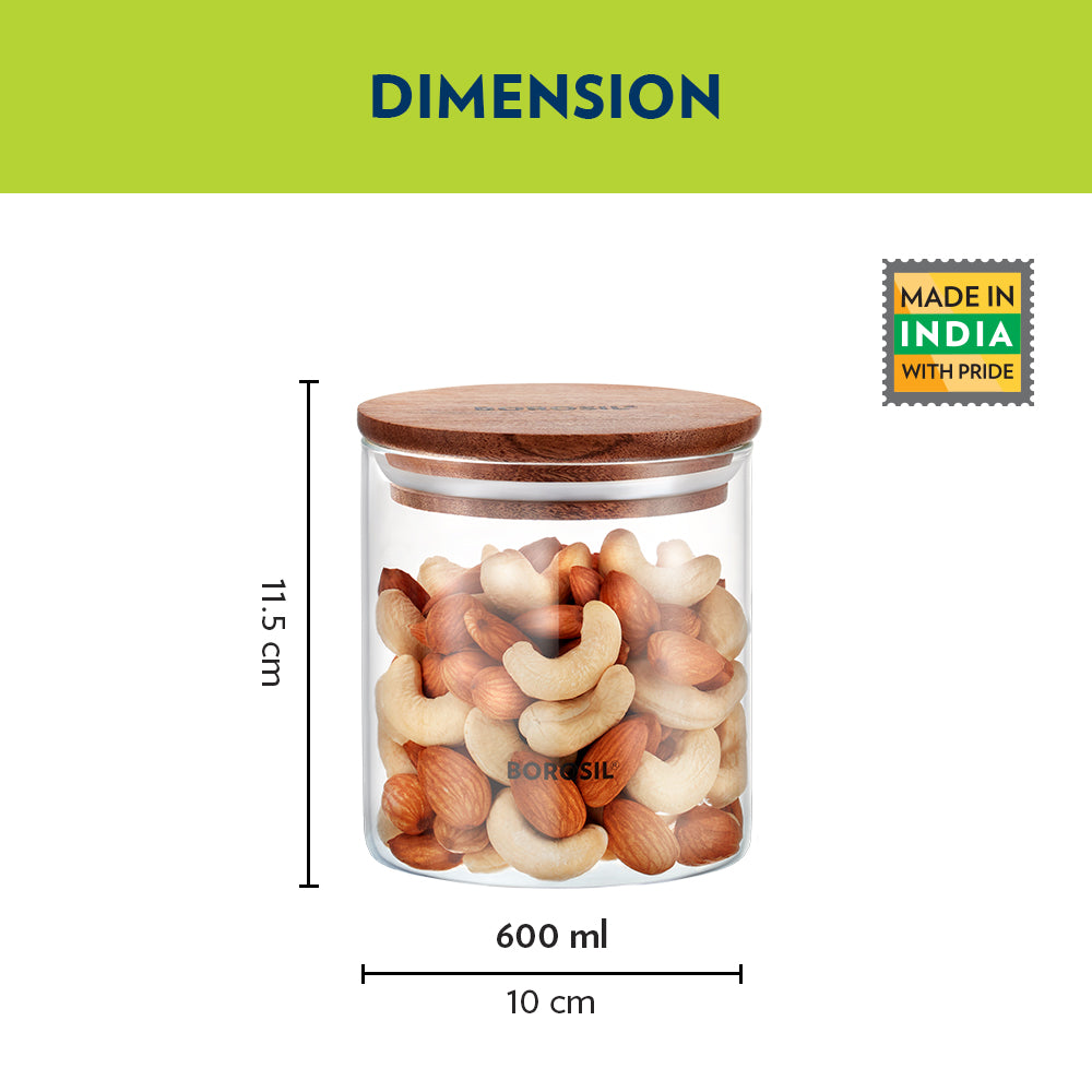 Borosil Classic Jar with Wooden Lid Set of 2, 600 Ml