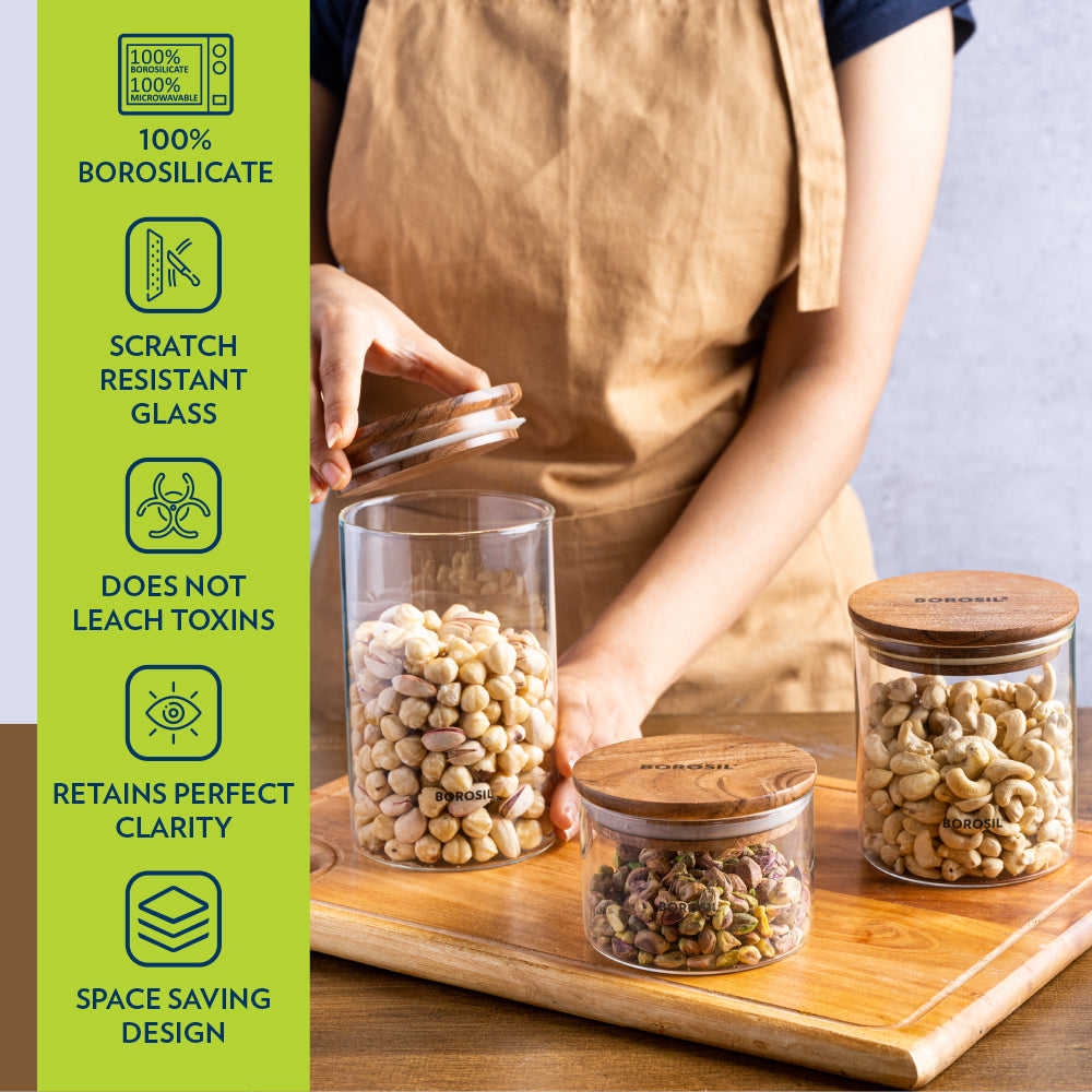 Borosil Classic Jar with Wooden Lid Set of 2, 600 Ml