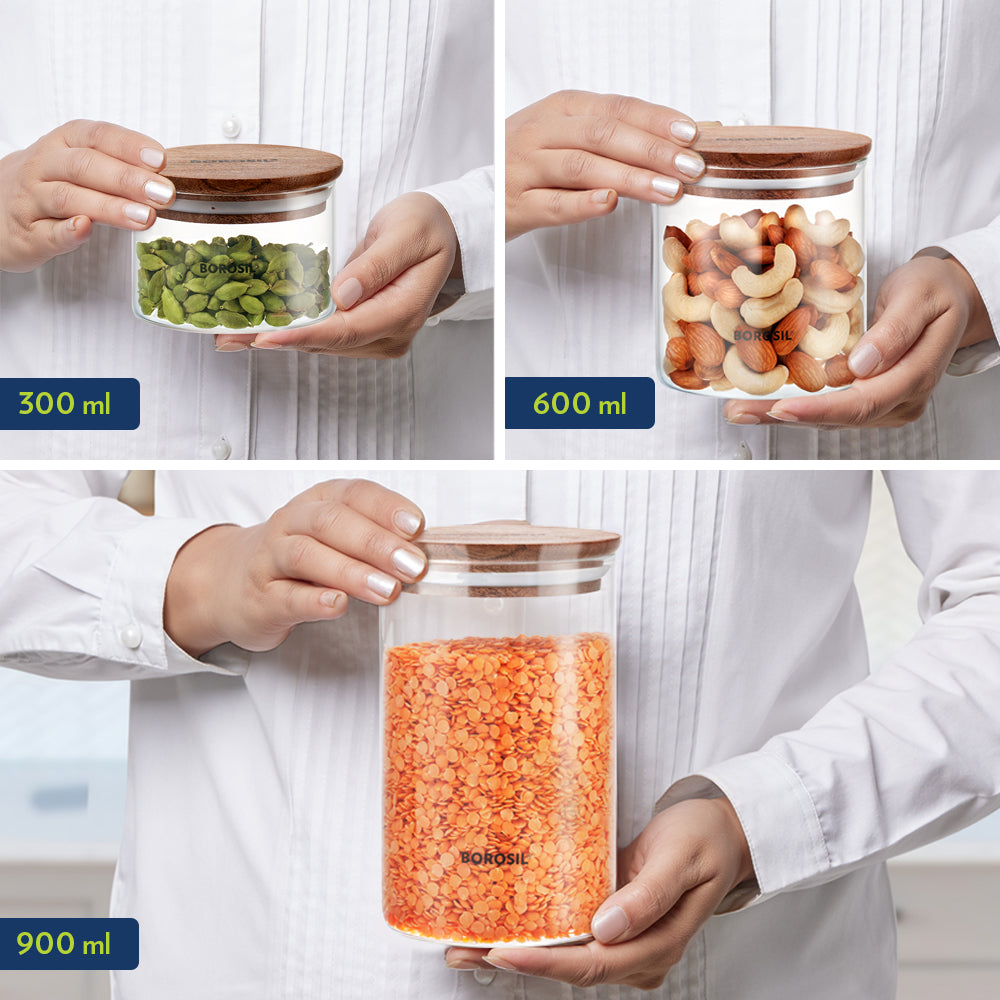 Borosil Classic Jars with Wooden Lid, Set of 3