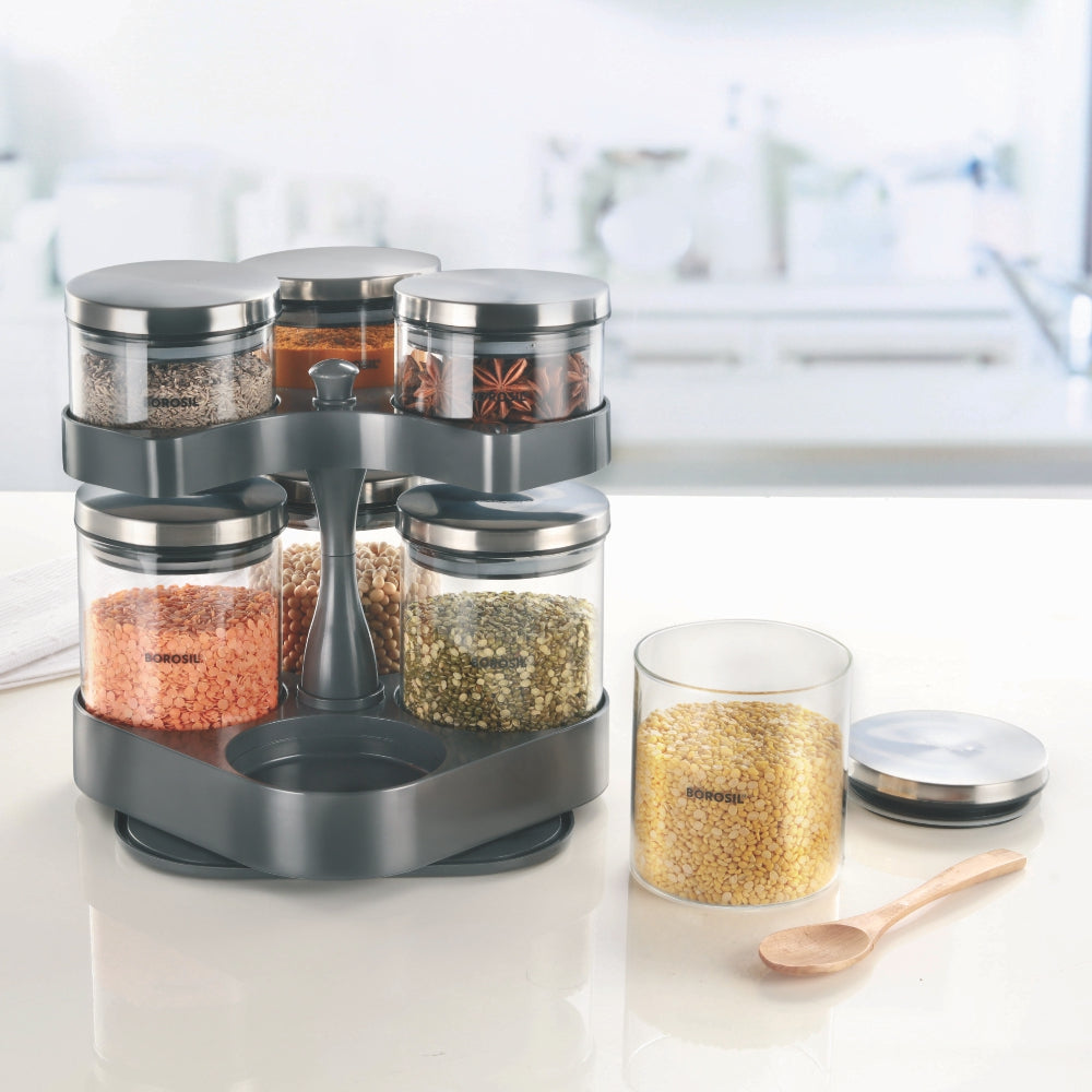 Borosil Spin n Store Tray w 7 Classic Jars