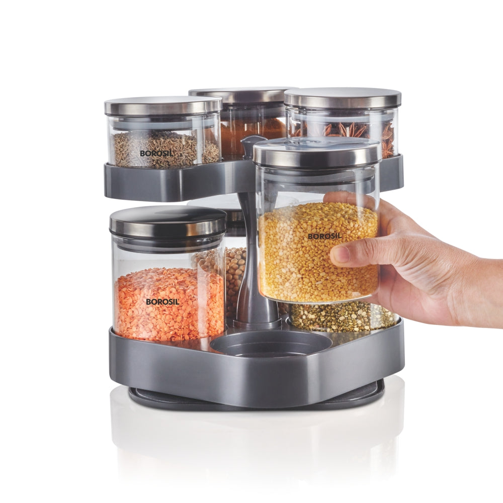 Borosil Spin n Store Tray w 7 Classic Jars