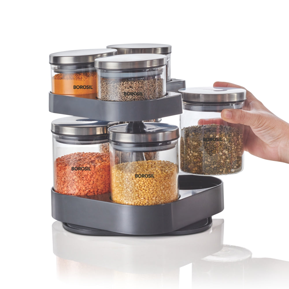 Borosil Spin n Store Tray w 7 Classic Jars