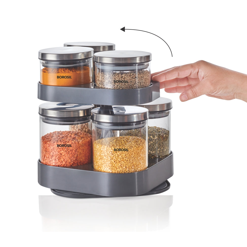 Borosil Spin n Store Tray w 7 Classic Jars