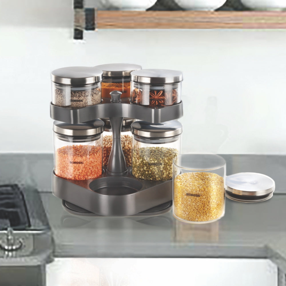 Borosil Spin n Store Tray w 7 Classic Jars