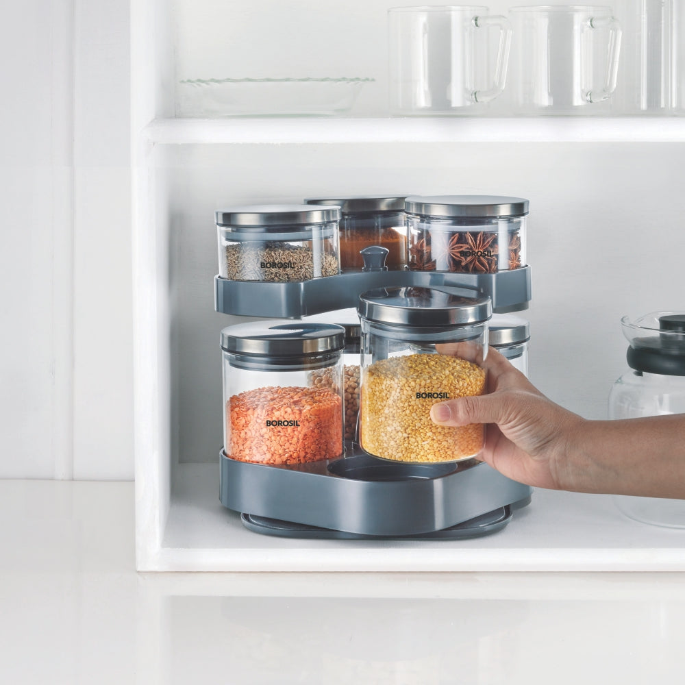 Borosil Spin n Store Tray w 7 Classic Jars