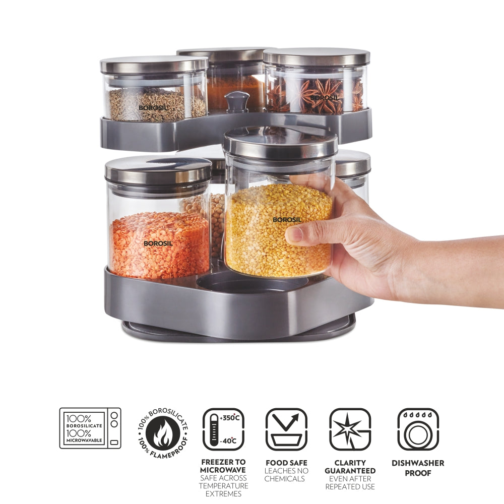 Borosil Spin n Store Tray w 7 Classic Jars