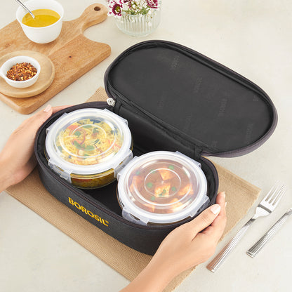 Borosil Foodluck Olive Flat Lunch Bag, Round For Set of 2 - (400 ml)