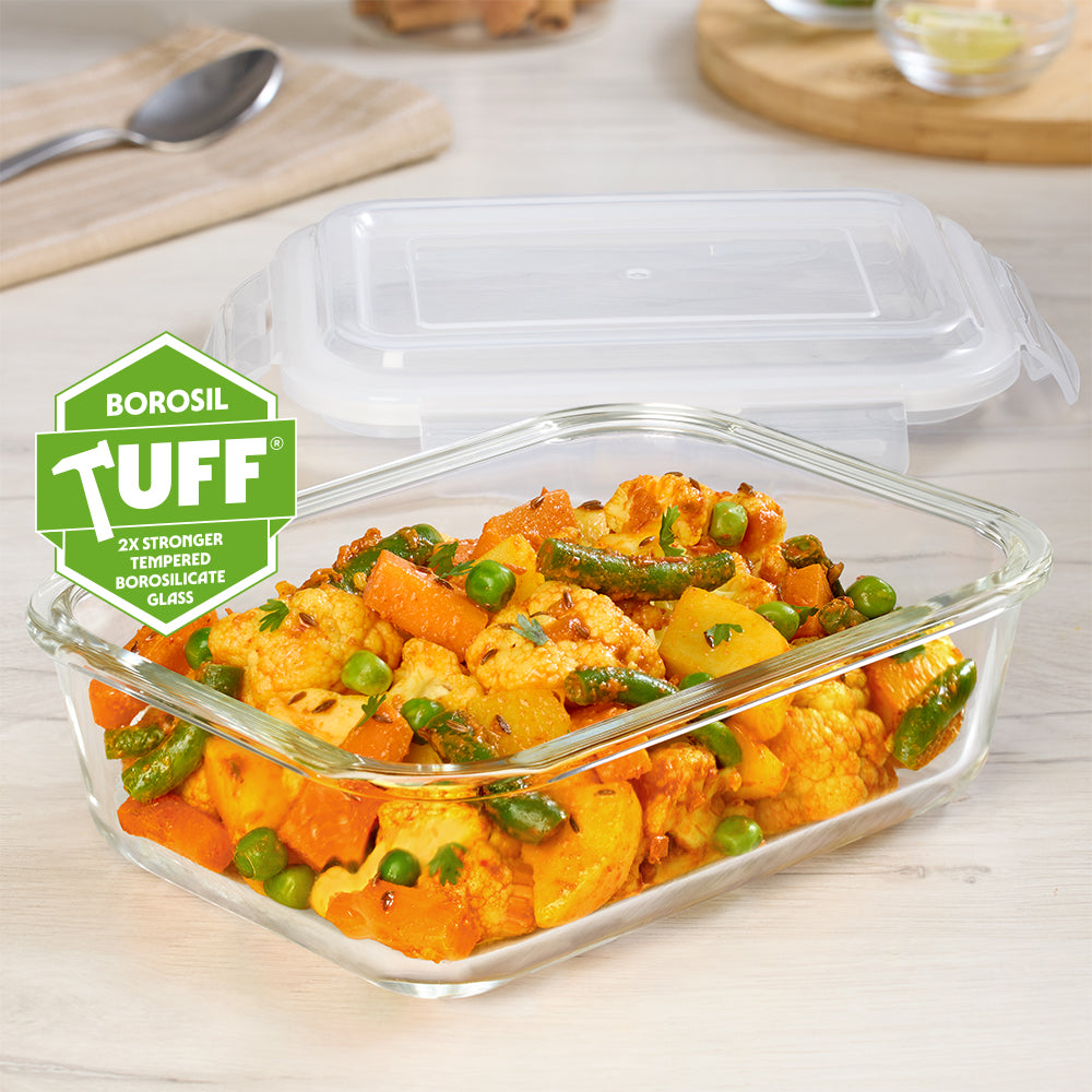 Borosil Tuff-Glass Klip n Store, Rectangular Container