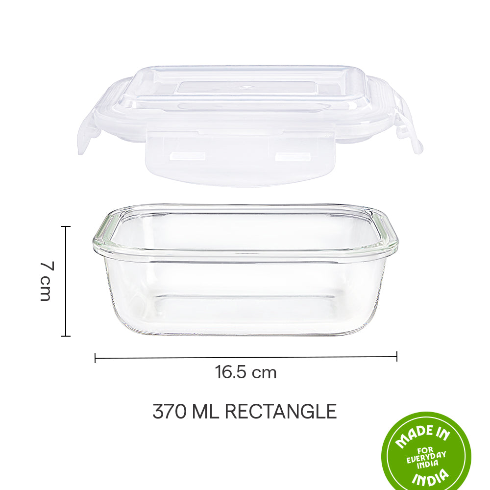 Borosil Klip n Store Rectangular Glass Container, 370 ml