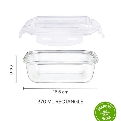 Borosil Klip n Store Rectangular Glass Container, 370 ml