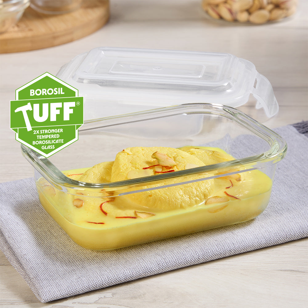 Borosil Klip n Store Rectangular Glass Container, 370 ml