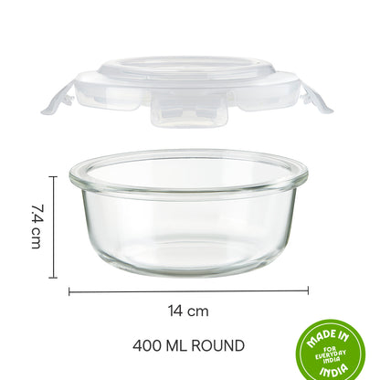 Borosil Klip n Store Round Glass Container, 400 ml