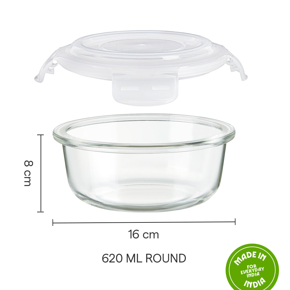 Borosil Klip n Store Round Glass Container, 620 ml