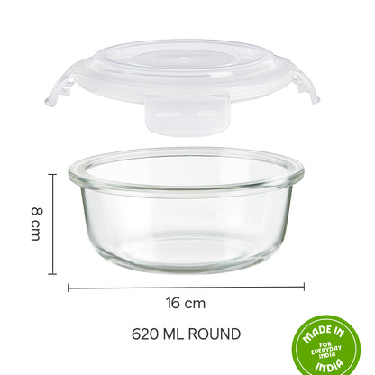 Borosil Klip n Store Round Glass Container, 620 ml