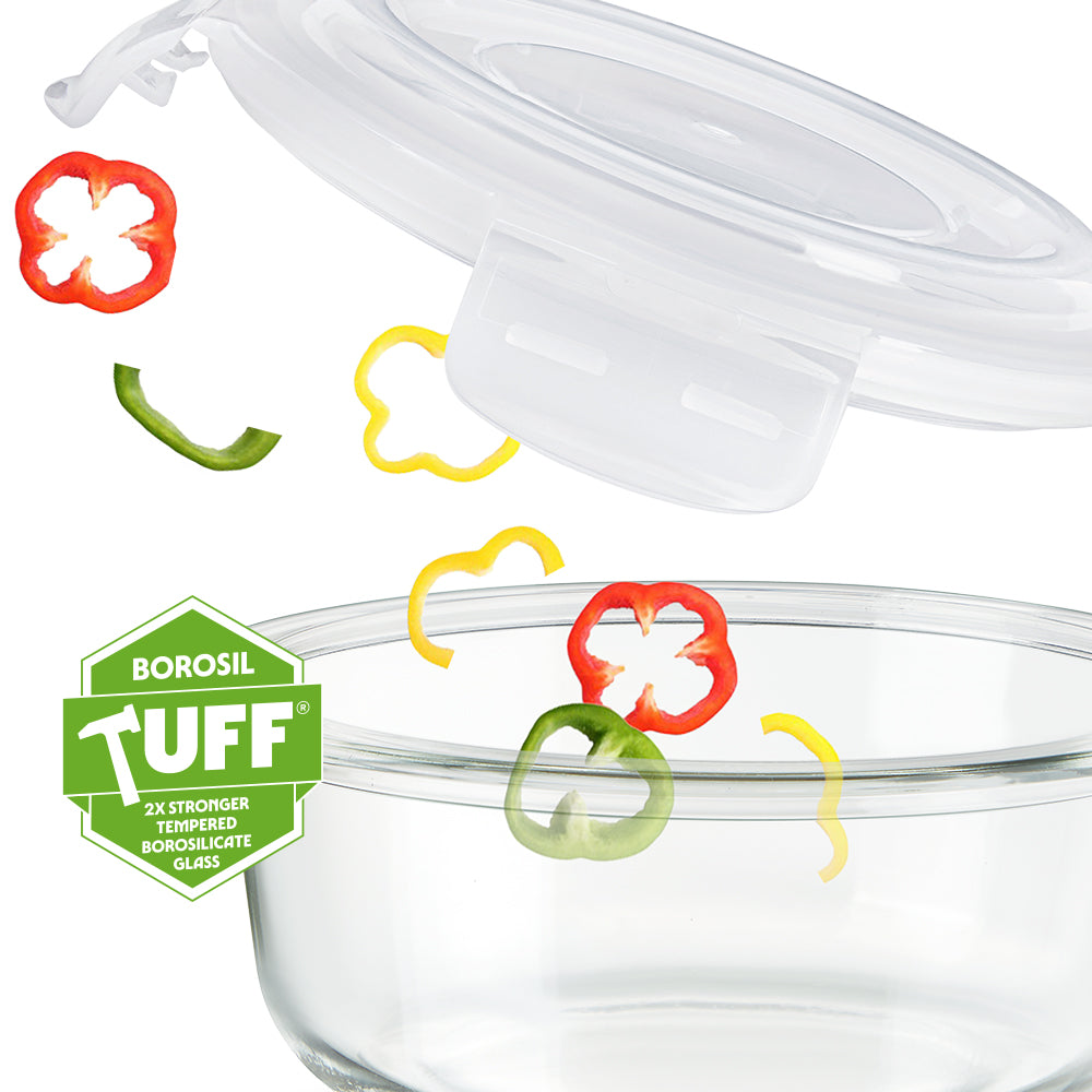 Borosil Klip n Store Round Glass Container, 620 ml