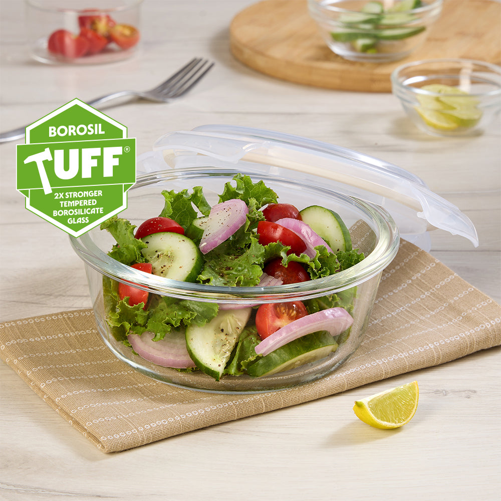 Borosil Klip n Store Round Glass Container, 620 ml