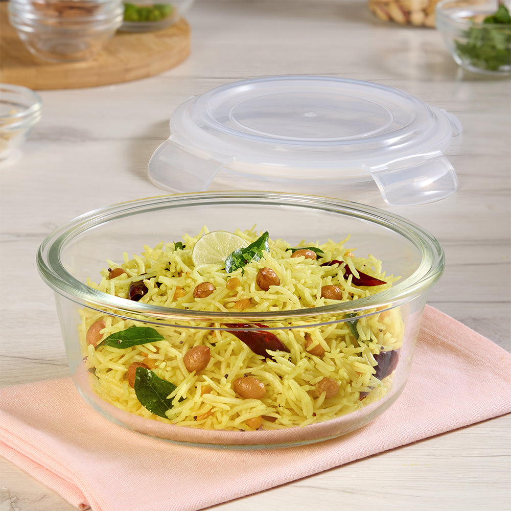 Borosil Klip n Store Round Glass Container, 950 ml