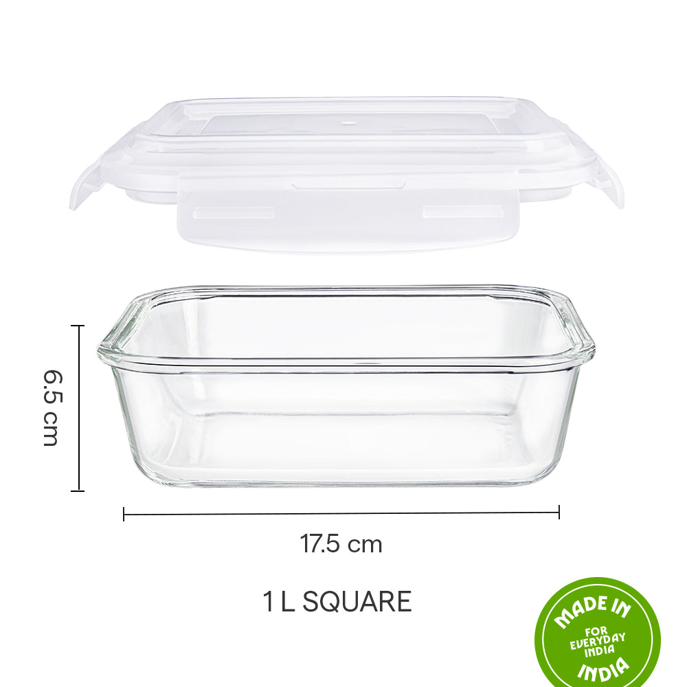 Borosil Klip n Store Square Glass Container, 1 L
